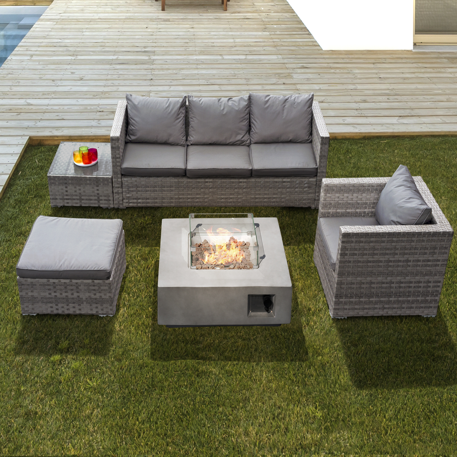 Acorn Rattan 5 Seat Lounge Sofa Set with GRC Firepit in Dove Grey 