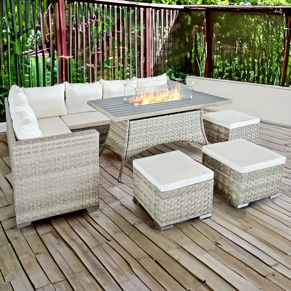 Acorn Rattan 9 Seat Corner Firepit Set in Dove Grey 