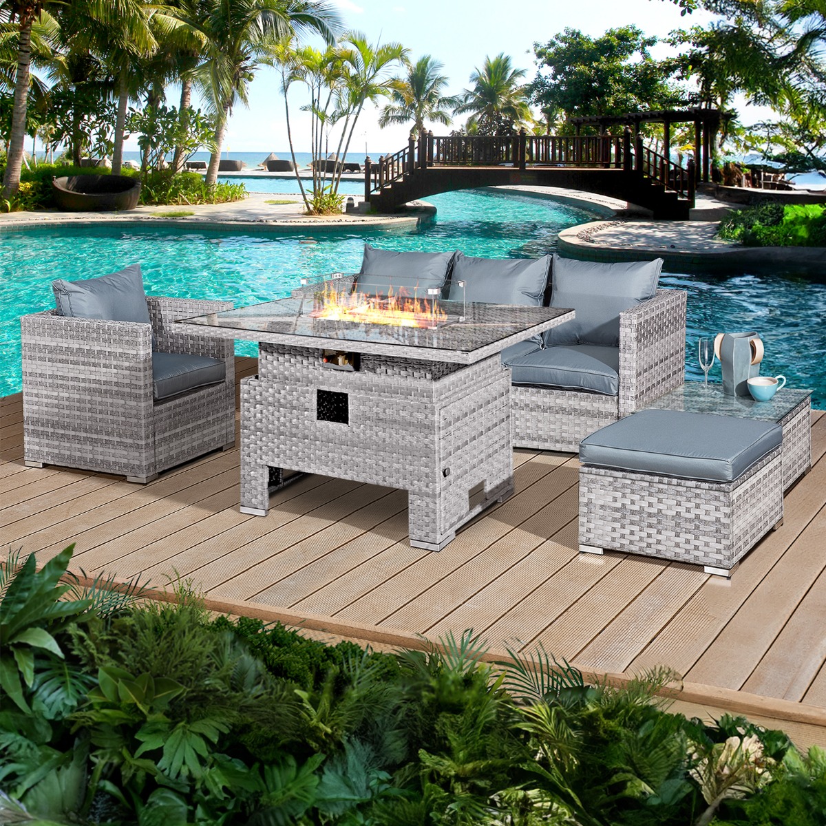 Acorn Rattan 5 Seat Rising Firepit Sofa Set in Dove Grey 