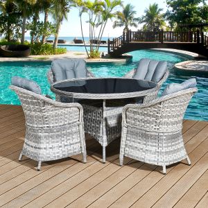 Sicilia Rattan 4 Seat Dining Set in Dove Grey with Black Glass