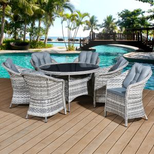 Sicilia Rattan 6 Seat Dining Set in Dove Grey with Black Glass