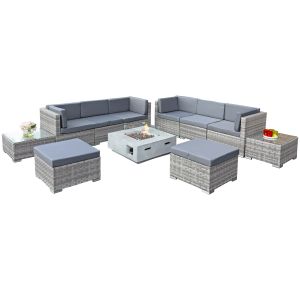 Trinidad Deluxe Rattan 8 Seat Modular Sofa Set with GRC Firepit in Dove Grey