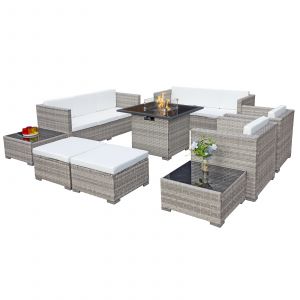 Acorn Deluxe Rattan 10 Seat Firepit Modular Set in Dove Grey with White Cushions