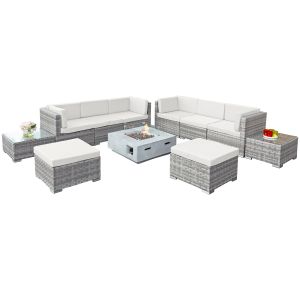 Trinidad Deluxe Rattan 8 Seat Modular Sofa Set with GRC Firepit in Dove Grey