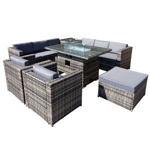 Malta Rattan 9 Seat Rising Firepit U-Shape Set in Grey Walnut with Footstool