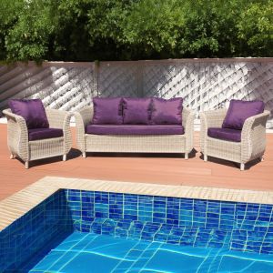 Jamaica Rattan 5 Seat Sofa Set in Sandy White with Purple Cushions