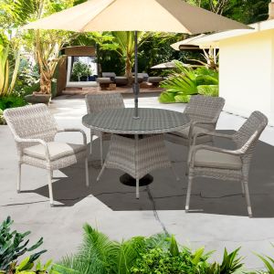 Palmera Rattan Stacking 4 Seat Dining Set in Sandy White with 2.7m LED Parasol and Base