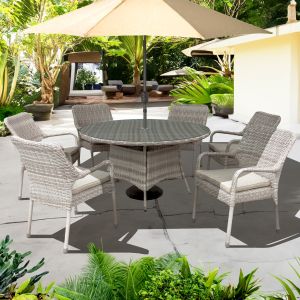 Palmera Rattan Stacking 6 Seat Dining Set in Sandy White with 2.7m LED Parasol and Base