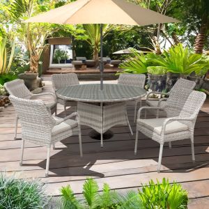 Palmera Rattan Stacking 6 Seat Dining Set in Sandy White with 2.7m LED Parasol and Base