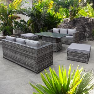 Malta Rattan 8 Seat Rising Table Set with Oversize Ottomans in Grey