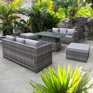 Malta Rattan 8 Seat Rising Table Set with Oversize Ottomans in Grey