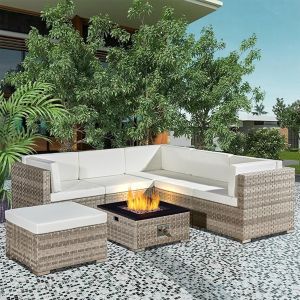 Trinidad Rattan Modular 6 Seat Firepit Chaise Lounge Set in Dove Grey 