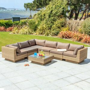 Chicago Rattan 6 Seater Deluxe Modular Lounge Set in 4 Seasons with Brown Cushions