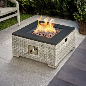 Icarus Rattan Firepit Coffee Table in Dove Grey with Iron Top