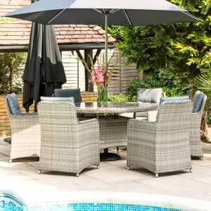 Hampton Rattan 6 Seat Dining Set in Champagne with 3m Parasol and Base