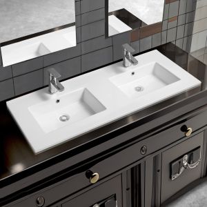 4012 Ceramic 120cm x 45cm Thin-Edge Double Inset Basin with Rect Bowl