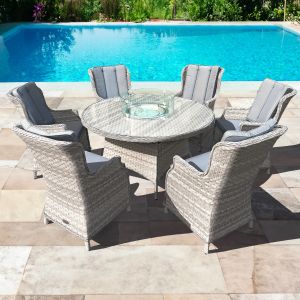 Knightsbridge XL Rattan 6 Seat Firepit Dining Set in Dove Grey