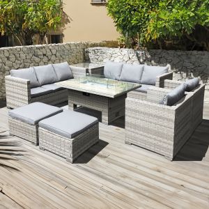 Malta Rattan 10 Seat Rising Firepit U-Shape Set in Dove Grey with 2 Footstools