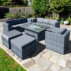 Malta Rattan 9 Seat Rising Firepit Corner Set in Ocean Grey with 2 Footstools