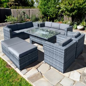 Malta Rattan 10 Seat Rising Firepit U-Shape Set in Ocean Grey with 2 Footstools