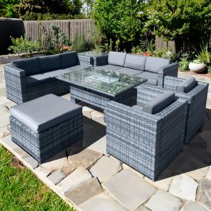 Malta Rattan 9 Seat Rising Firepit U-Shape Set in Ocean Grey with Footstool