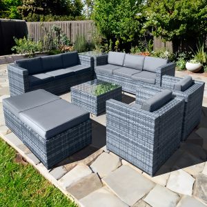 Malta Rattan 10 Seat U-Shape Set in Ocean Grey with 2 Footstools