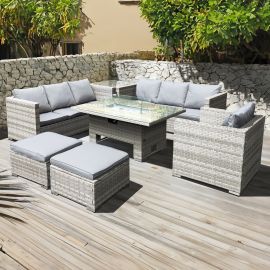 Malta Rattan 9 Seat Rising Firepit Corner Set in Dove Grey with 2 Footstools
