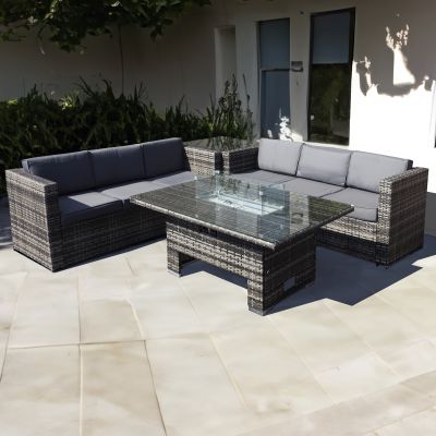 Malta Rattan 6 Seat Rising Firepit Corner Set in Grey Walnut 