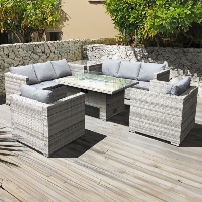 Malta Rattan 8 Seat Rising Firepit Corner Set in Dove Grey 