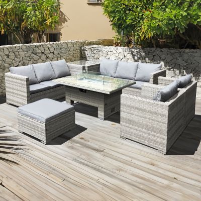 Malta Rattan 9 Seat Rising Firepit U-Shape Set in Dove Grey with Footstool